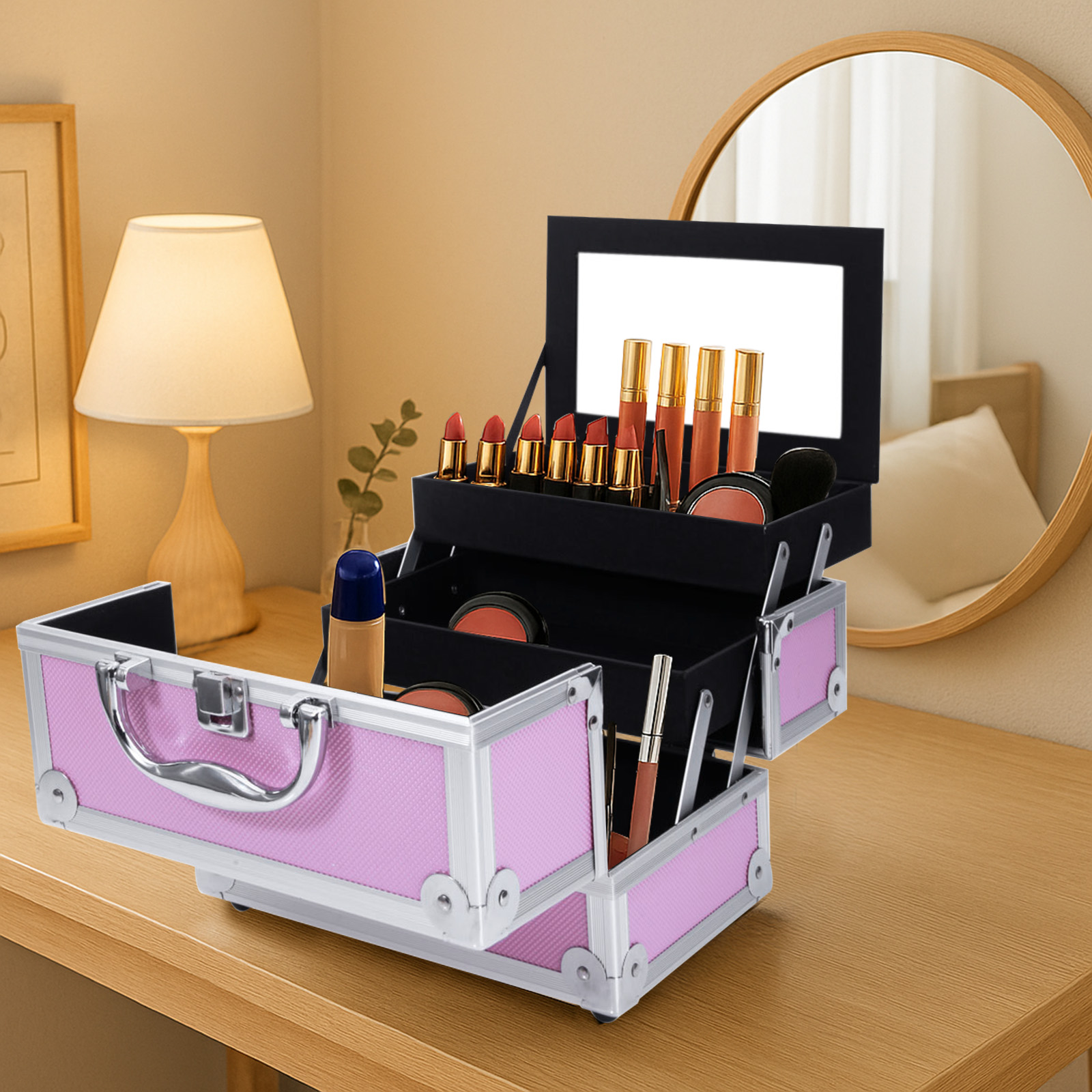 Women Accessories Organizer - Pink Aluminum Alloy Makeup Case, Double