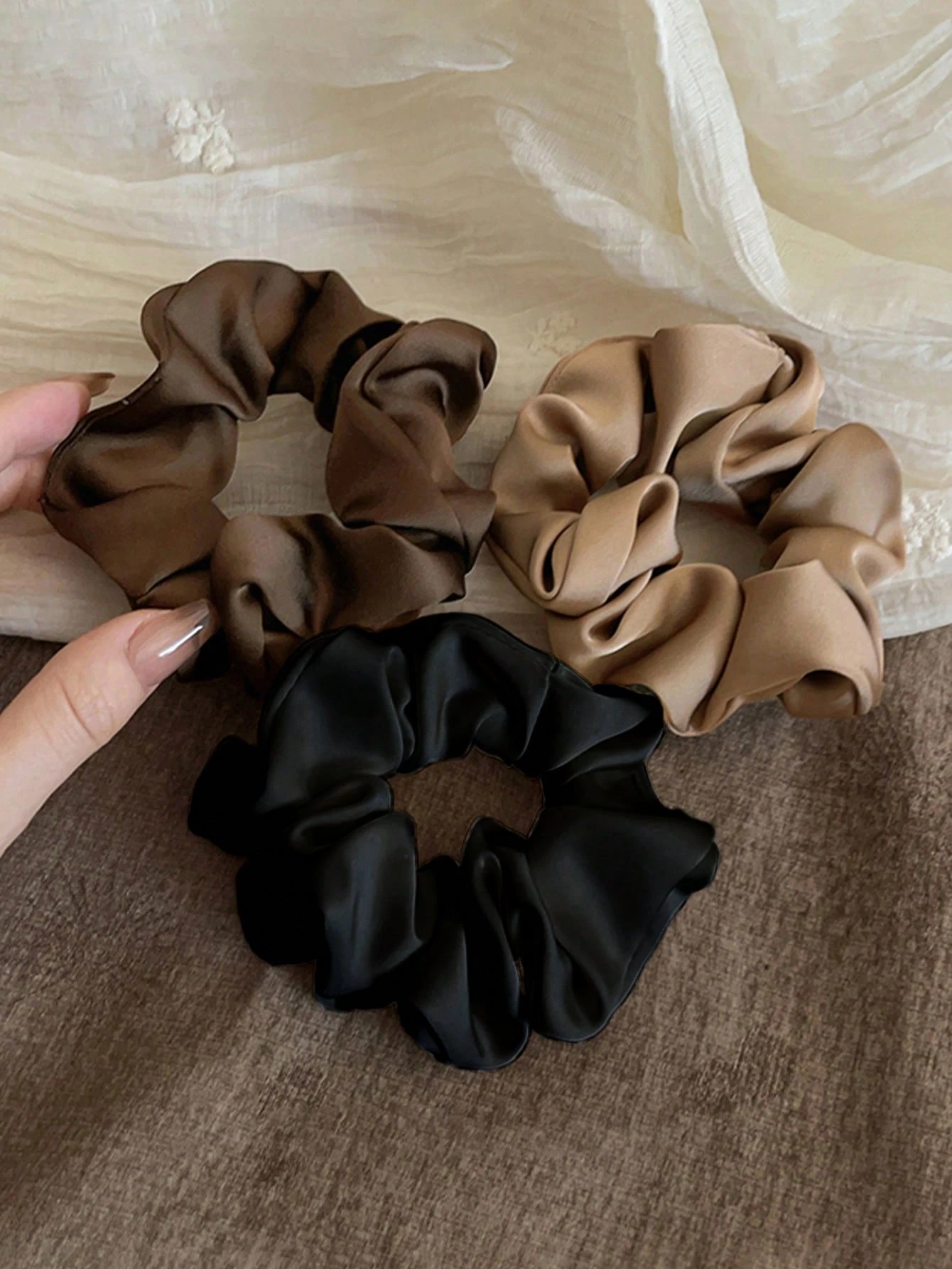 Scrunchie Satin Set - 1/3Pcs Women 3.39in Vintage French Soft